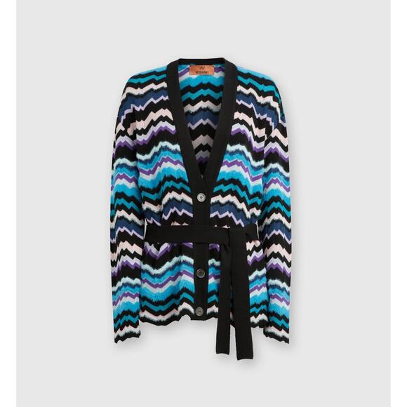 Missoni Zigzag Belted Textured Cardigan in Multicolor On Blue Base IT 48 US 12 - Picture 5 of 5